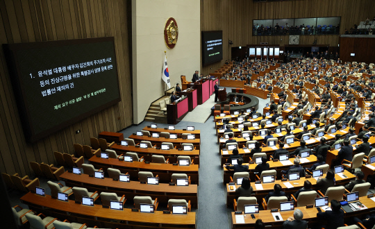 7일 오후 국회 본회의에 재의결 안건인 김건희 여사 특검법이 상정되고 있다.[연합뉴스]